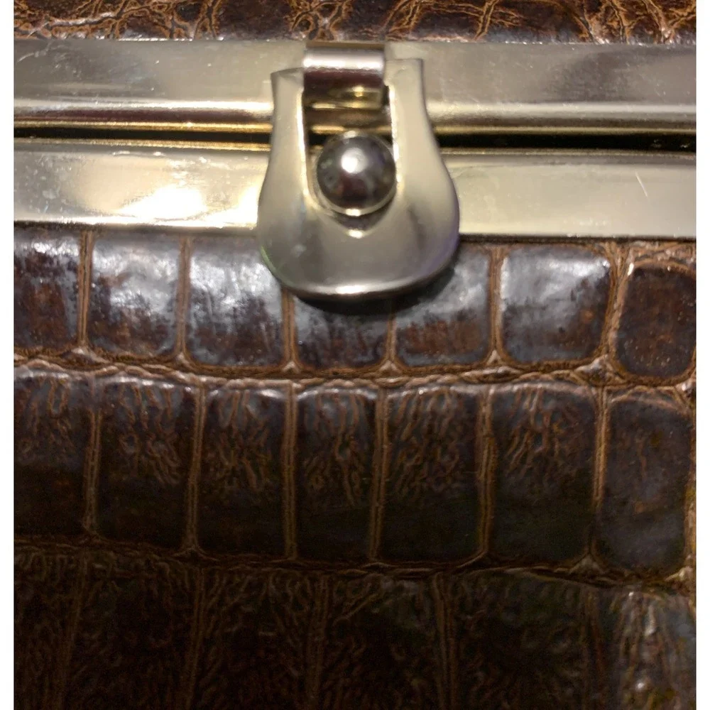 Vintage Made in Italy Exotic‎ Leather Frame Purse Brown Kiss Lock Handbag